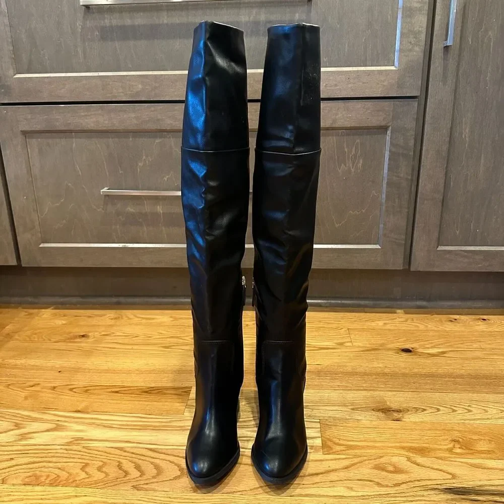 New Womens BP Luke Black Faux Leather‎ Over The Knee Heeled Boots Size 6 M